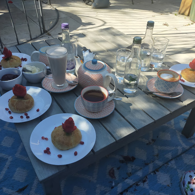 Scones Clotted Cream Strawberry Jam Tea Chai Latte Flat White Water
