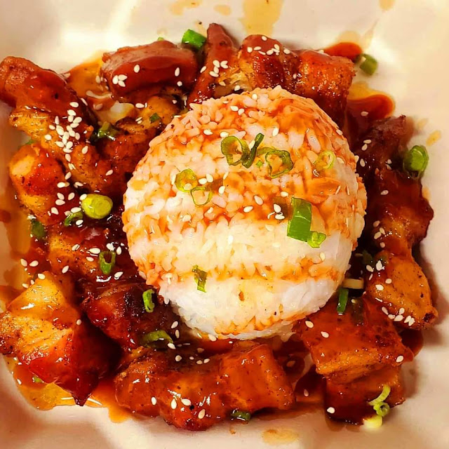 Maple Pork Belly Burnt Ends Served over White Rice