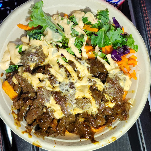 Steak and Chicken Bowl over Rice and Salad