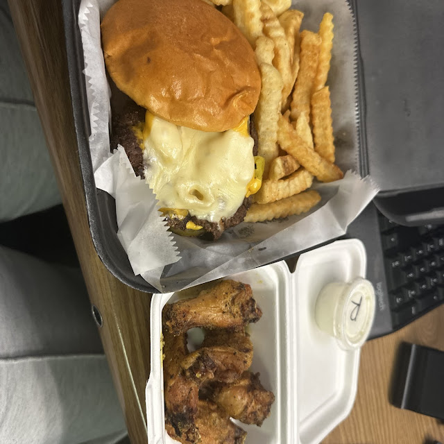 Smash Burger and Fries with Cheese and Lemon Pepper Honey Wings
