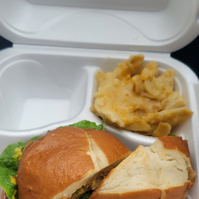 Vegan Burger with Vegan Mac and Cheese