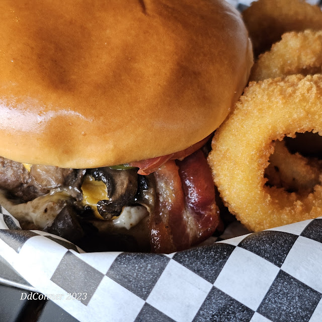 Vroom Schroom Burger and Onion Rings