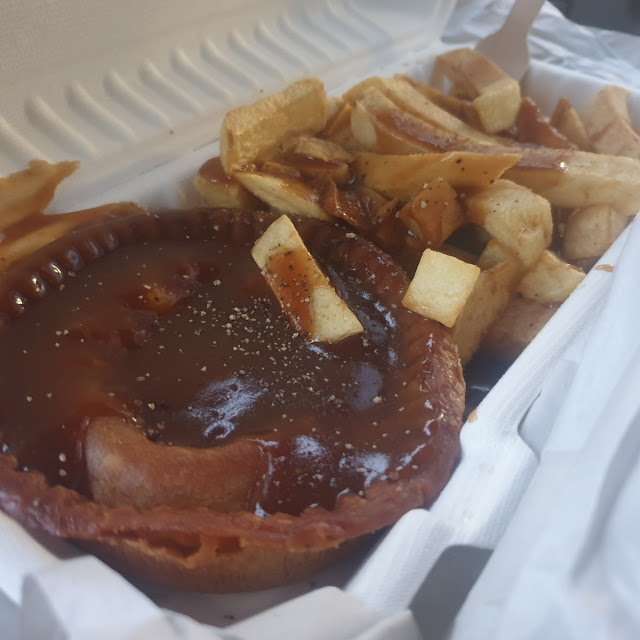 Handmade Chunky Steak Plate Pie Portion and Chips Peas and Gravy Fries