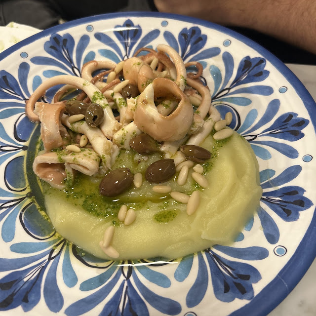 Moscardini Su Crema Di Patate Emulsione Al Pesto Olive Taggiasche E Pinoli