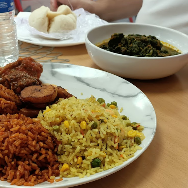 Jollof Rice Efo Riro Soup Peppered Meat Dumplings Deep Fried Plantain Dried Turkey