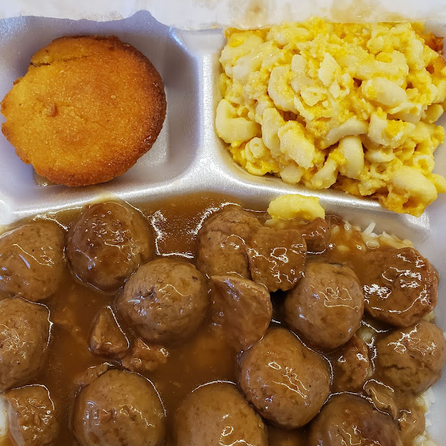 Swedish Meatballs and Rice with Macaroniand Cornbread