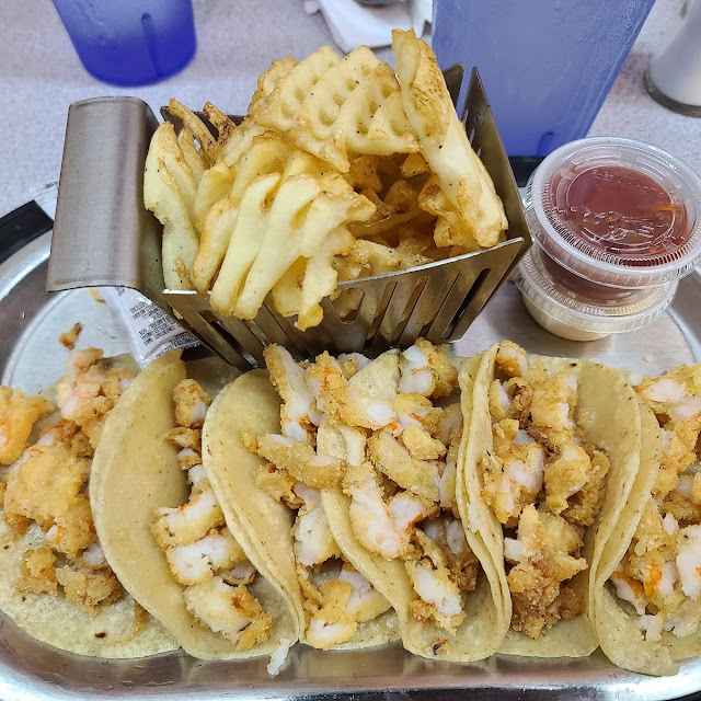 Shrimp Tacos with Waffle Fries