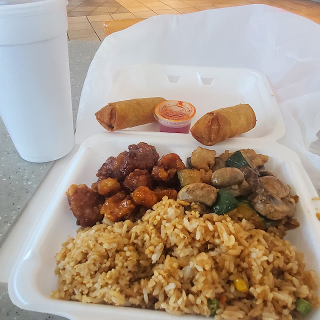Fried Rice with Orange Chicken and Chicken with Mushrooms