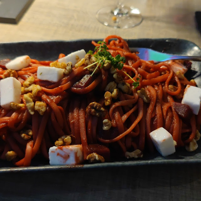 Pink Pasta Linguini with Beetroot Walnut Tofu