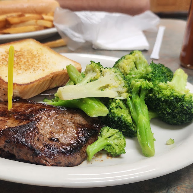 Steak Dinner with Broccolini and Texas Toast