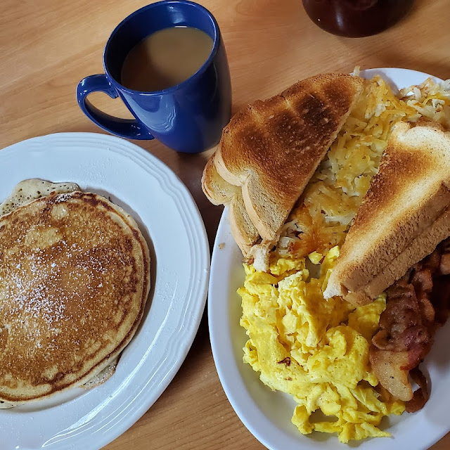Eggs Meat Potatoes with Side of Pancakes
