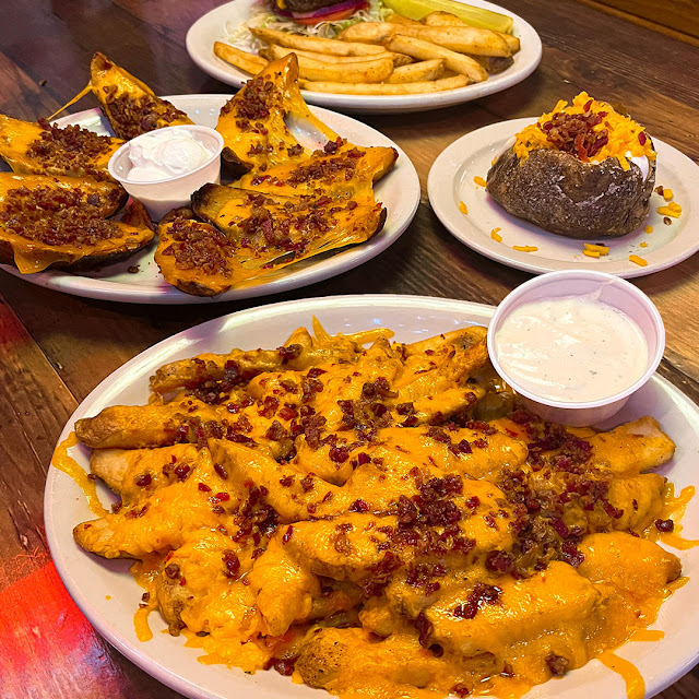 Tater Skins Cheese Fries Loaded Baked Potato and Cheeseburger
