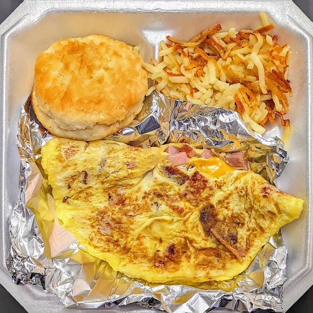 Cheese Omelette with Hash Browns and Biscuit