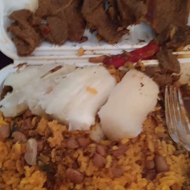 Yellow Rice and Beans with Steak and Cassava