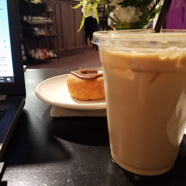 Iced White Mocha and Pastry Chocolate Frosted Doughnut
