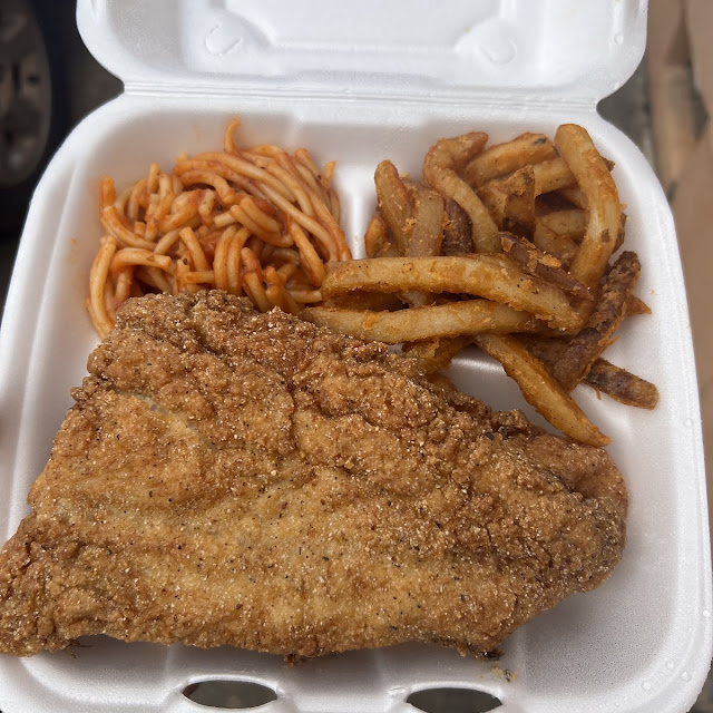 Pantrout Plate with Spaghetti and Fries