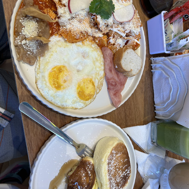 Chilaquiles and Fluffys Pancakes