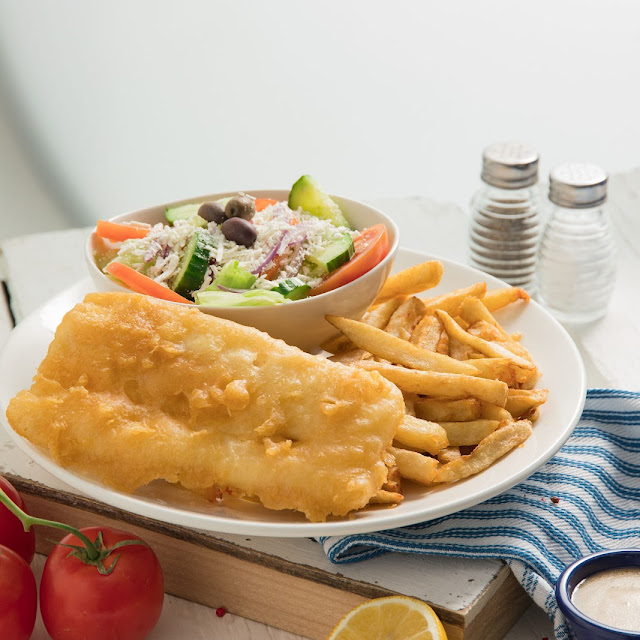 Cod Fish and Chips and Greek Salad