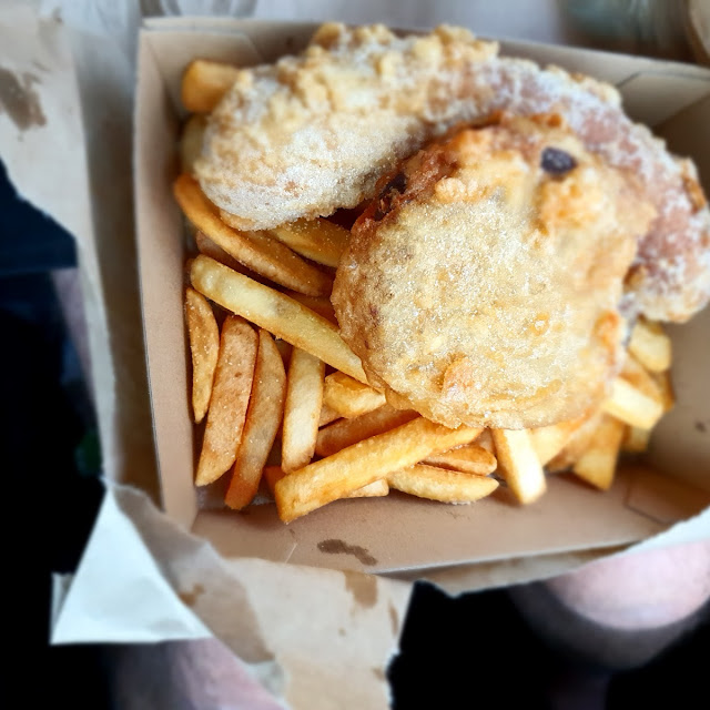 Battered Sausage Gourmet Meat Patty and Chips