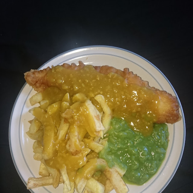 Fish Chips Curry Sauce N Peas