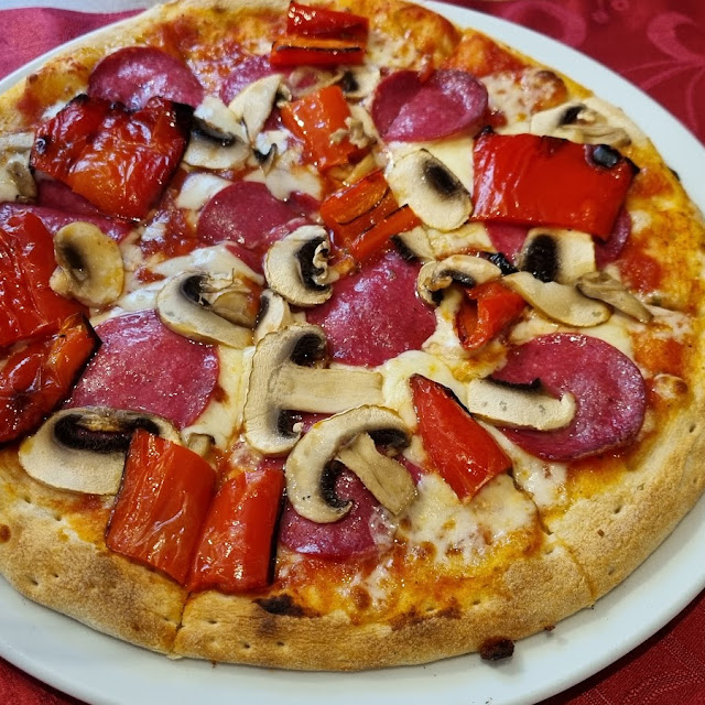 Pizza with Salami Red Bell Pepper and Mushrooms