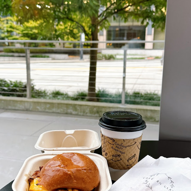 Bacon Egg Breakfast Sandwich Black Coffee Blueberry Scone
