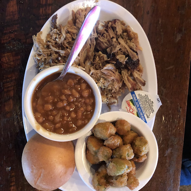 Pulled Pork Plate with Baked Beans and Fried Okra