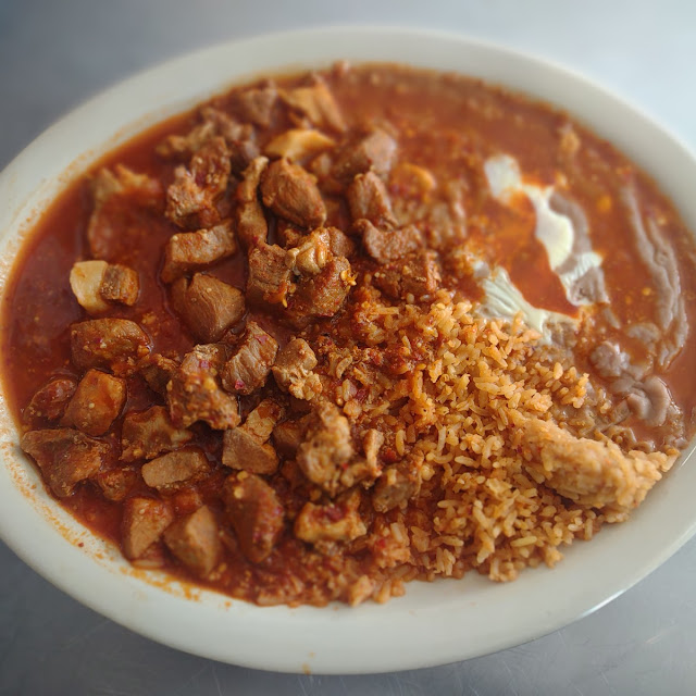 Chile Colorado Served with Rice and Beans