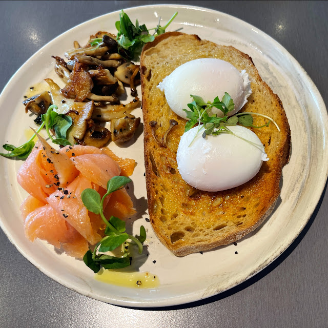 Poached Eggs on Sourdough with Mushrooms and Salmon Roll