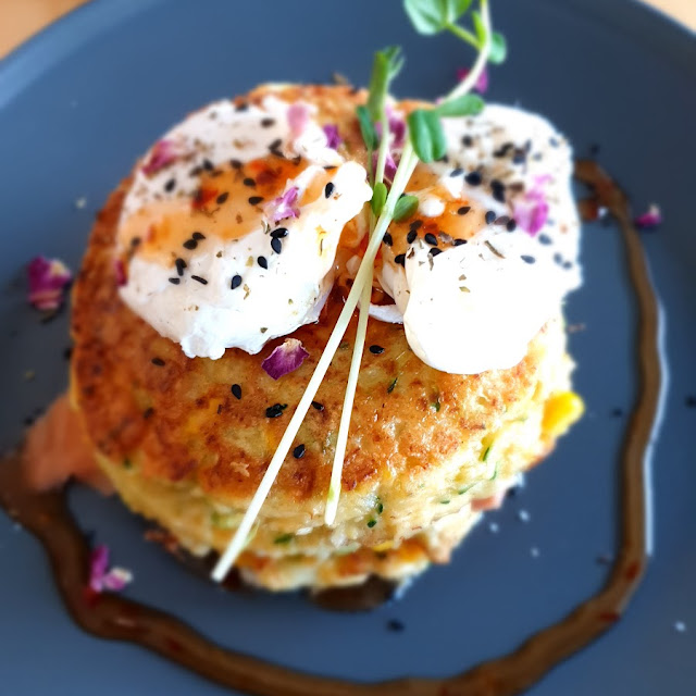 Corn Fritters with Poached Eggs and Salmon