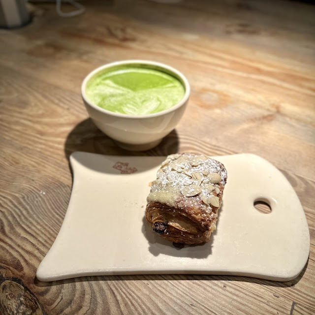 Large Matcha Latte and Chocolate Almond Croissant