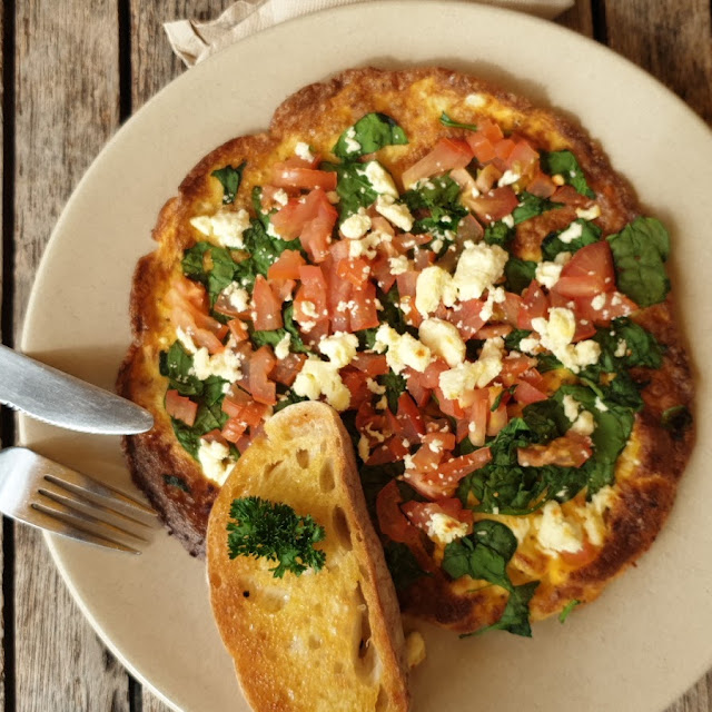 Omelette with Tomato Spinach Feta and Toast