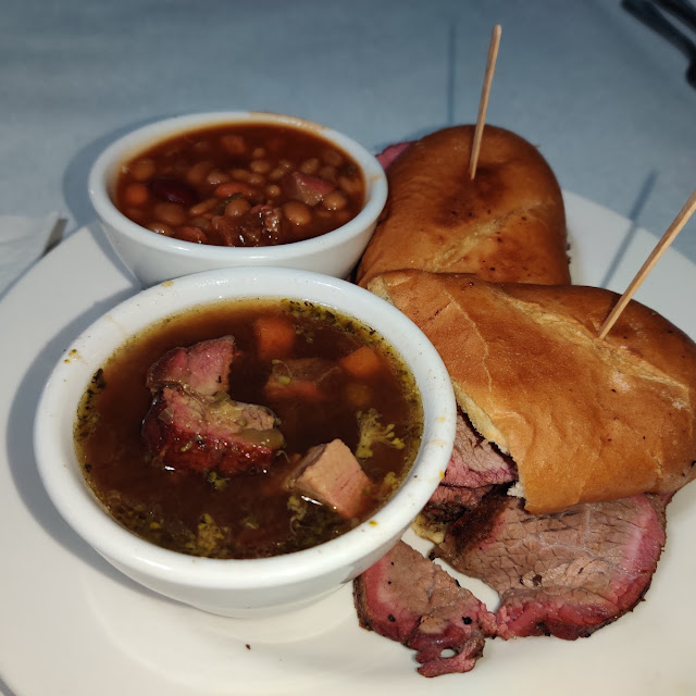 Tri Tip Sandwich BBQ Beans Cup of Chicken Tortilla Soup