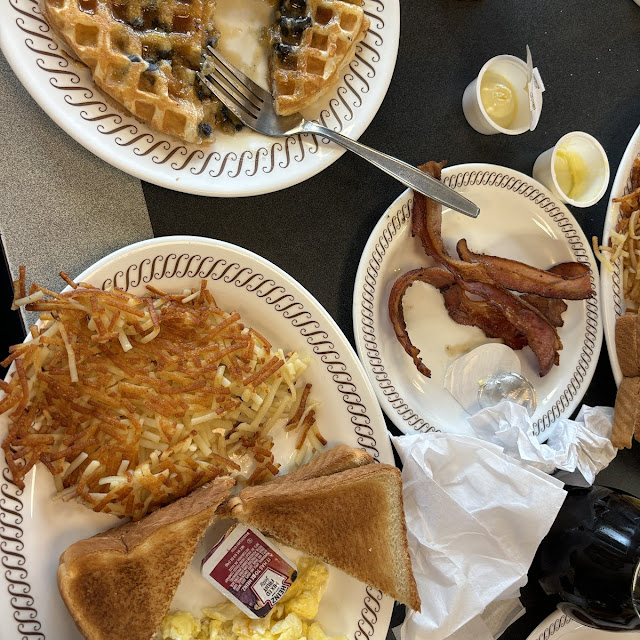 Blueberry Waffles with Bacon and Scrambled Eggs and Hashbrowns