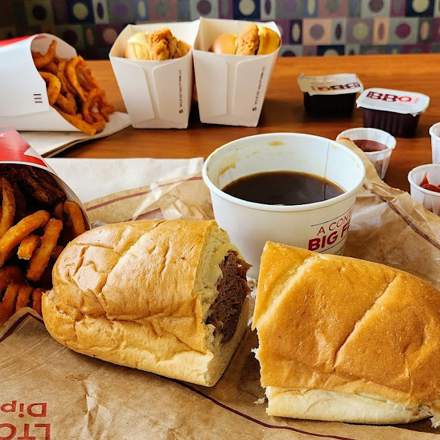 French Dip Sandwich and Curly Fries