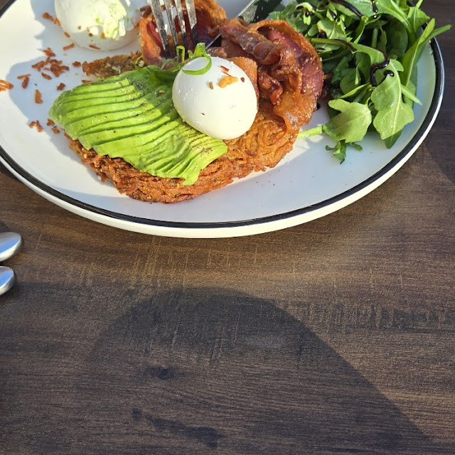 Potato Rosti Avocado Crispy Bacon Poached Egg Tomato Relish