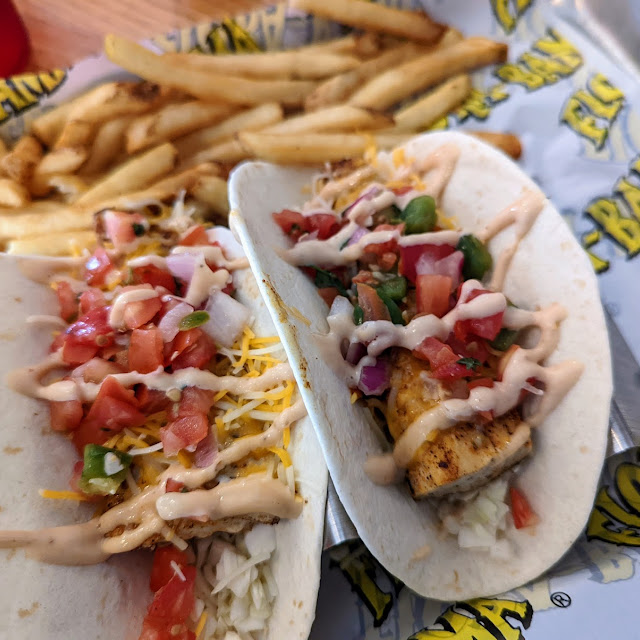 Grilled Shrimp Tacos and Fries