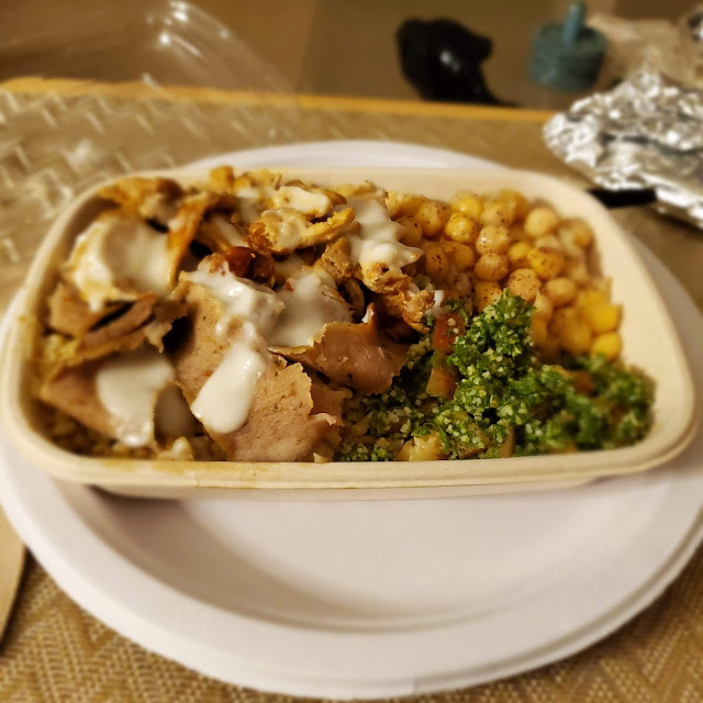 Gyro Beef with Chicken Garbanzo and Tabbouleh on Top of Brown Rice