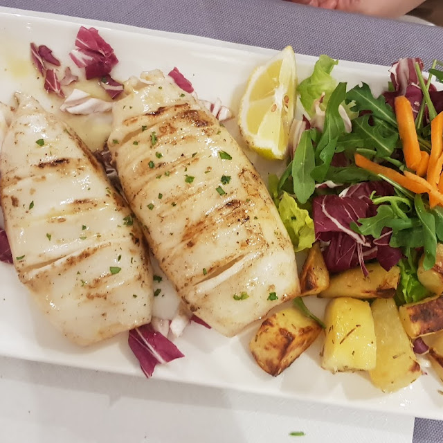 Grilled Squids with Potatoes and Salad
