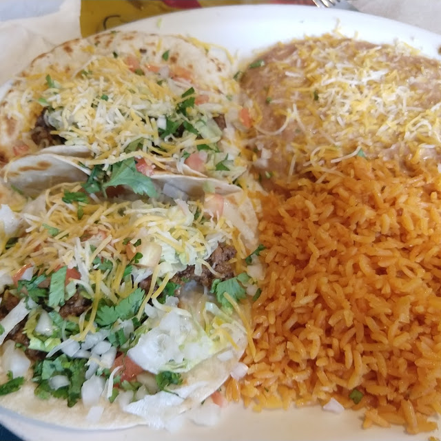 Two Beef Tacos with Beans and Rice