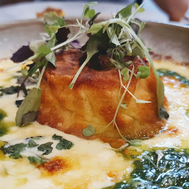 Baked Gruyere Souffle Roasted Garlic & Thyme Cream Sauce