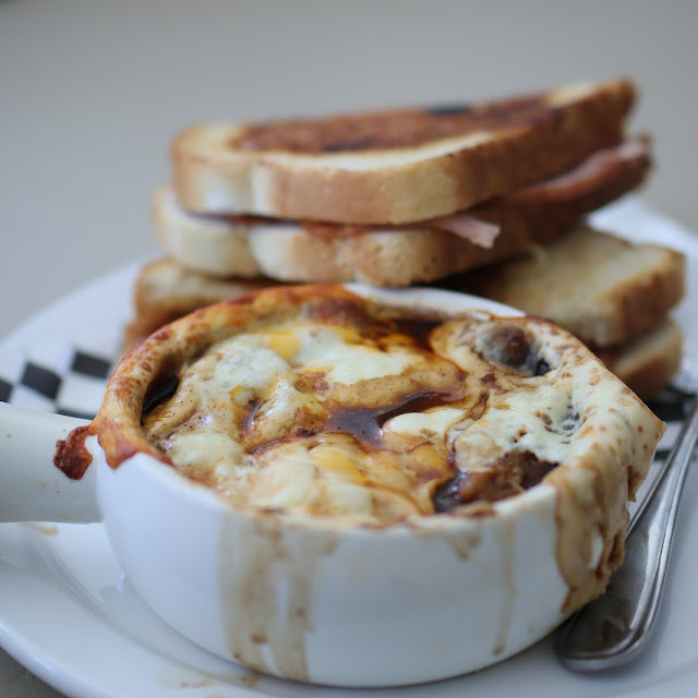 Black Forest Ham Grilled Cheese Sandwich with French Onion Soup