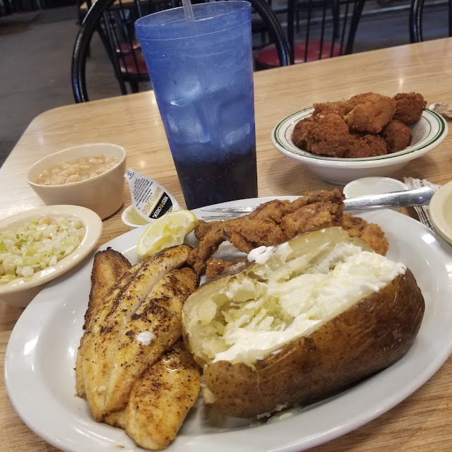Grilled Tilapia Baked Potato Vinegar Slaw & Hushpuppies