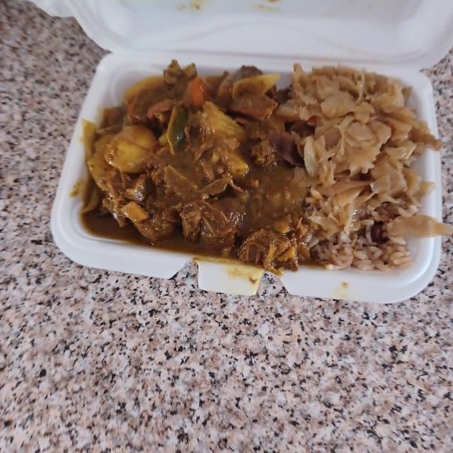Curry Goat w Rice and Beans and Cabbage