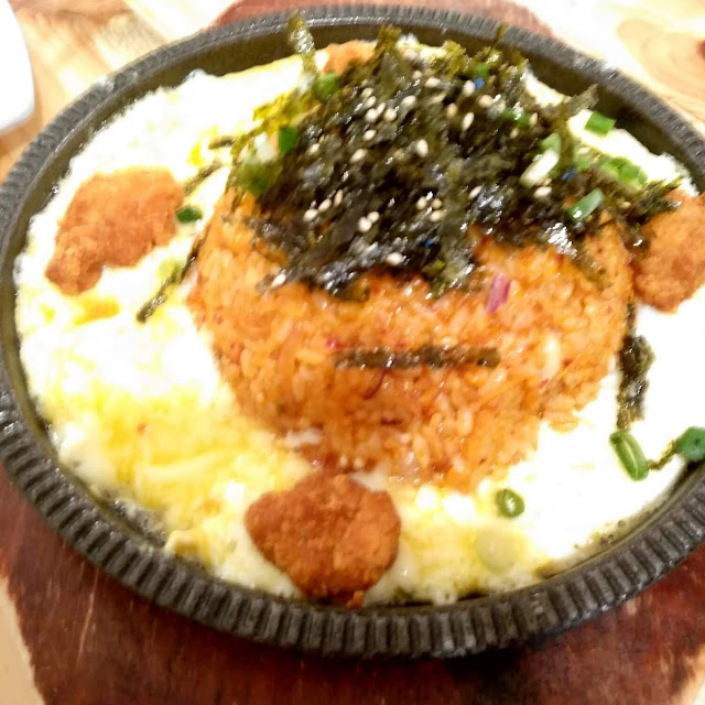 Sizzling Cheese Kimchi Fried Rice with Fried Chicken