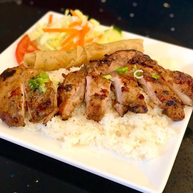 Grilled Chicken on Rice with Spring Roll