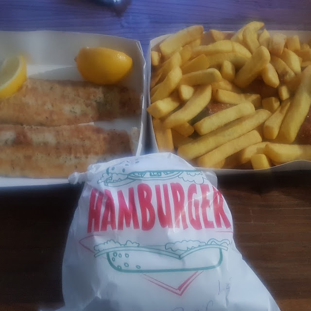 Grilled Flake Burger with the Lot Minimum Chips Dim Sims