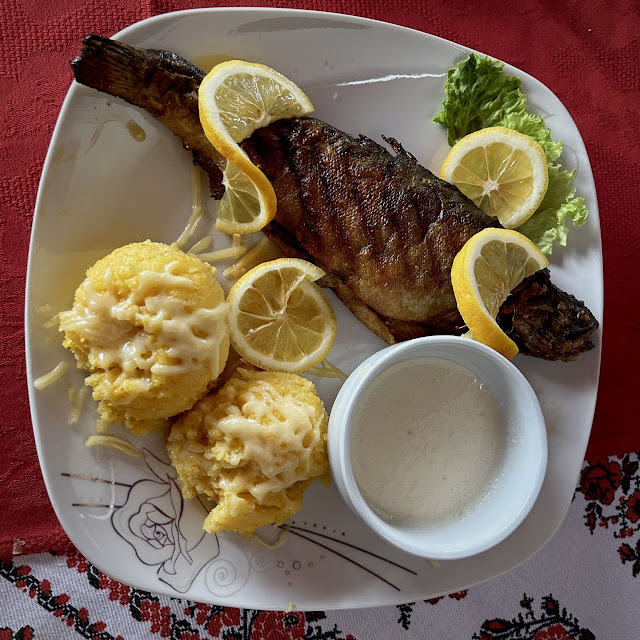 Trout with Polenta and Garlic Sauce