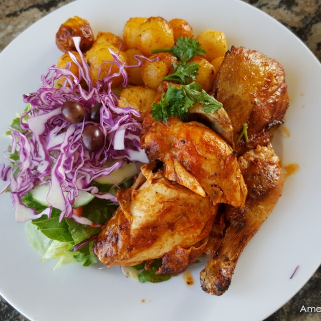 Half Grilled Chicken Meal with Potatoes and Salad
