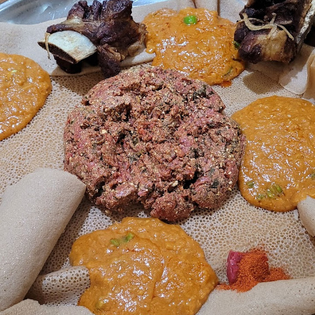 Injera with Kitfo and Shiro Wot